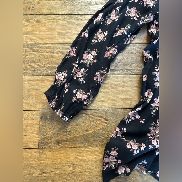 ANGIE Black with pink Floral Cold Shoulder Dress Open Back Bohemian Fall - Picture 8 of 15